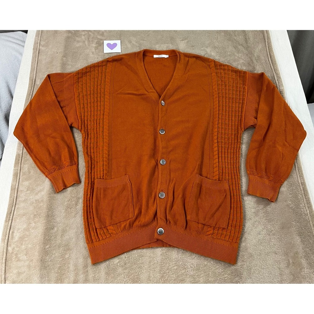 YASHIKI Unabara Knit Cardigan Orange Cable Knit Pockets Menswear size 3 EUC